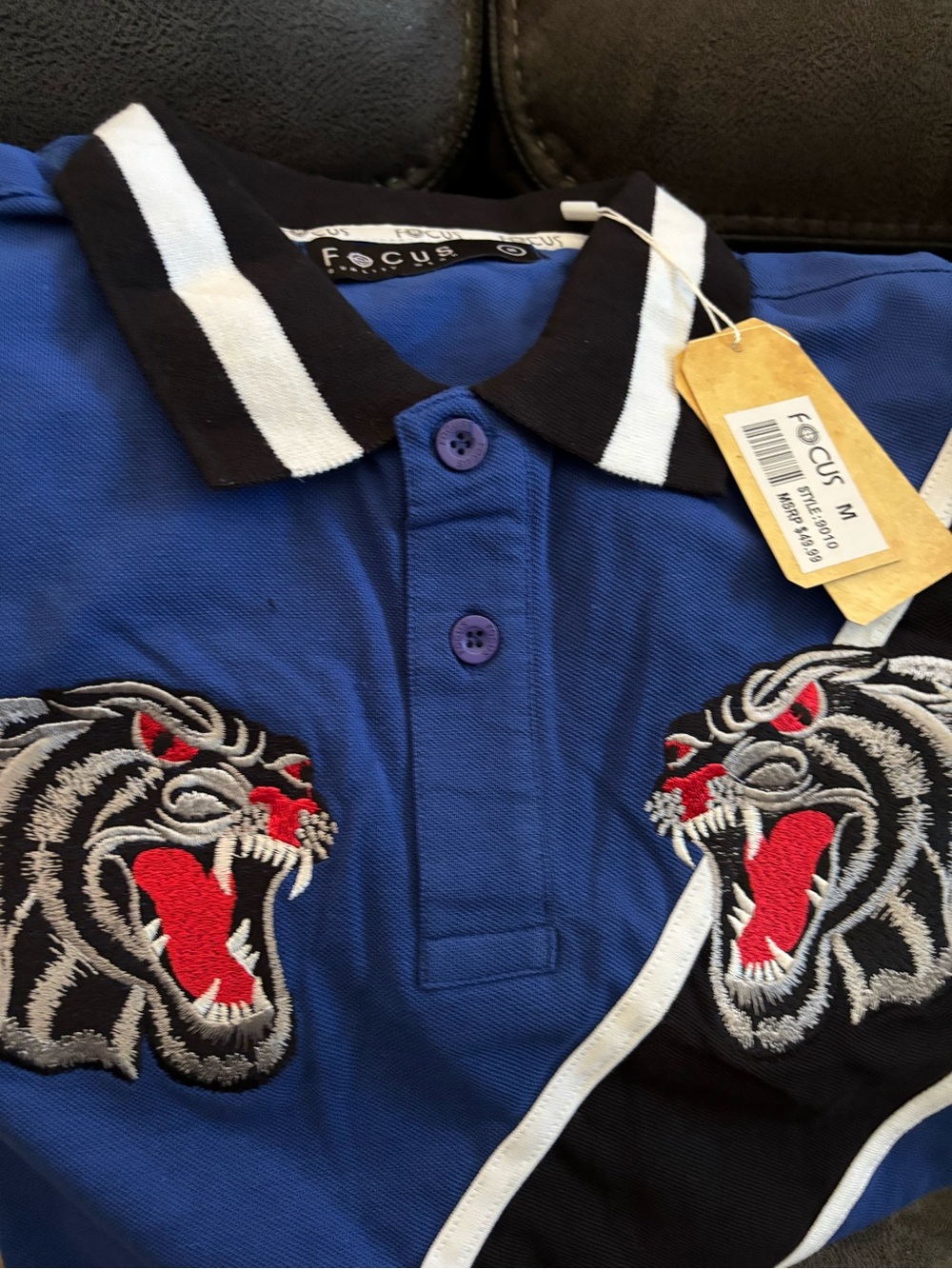 Focus Men’s Blue & Black Tiger-Embroidered Polo - Picture 3 of 3